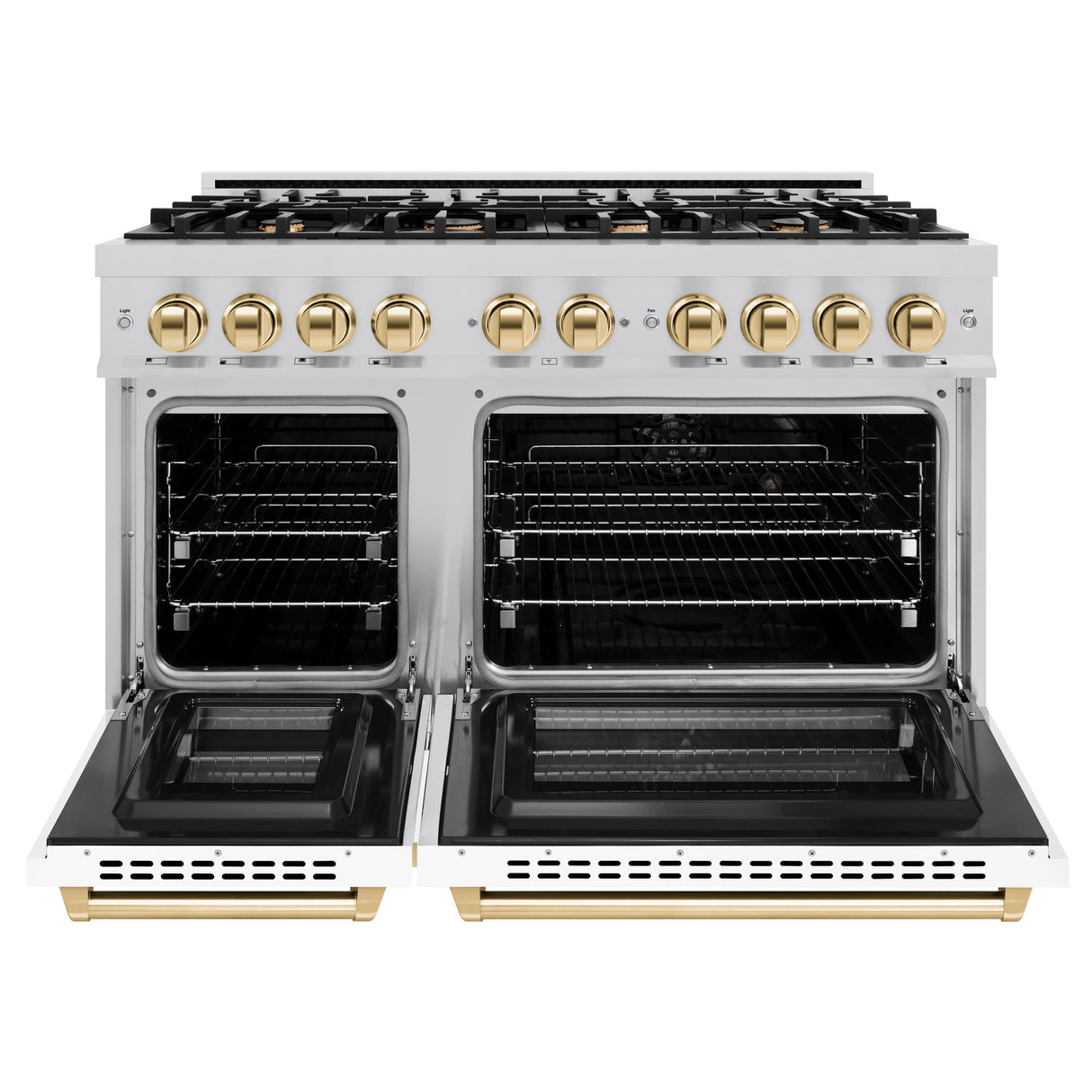 ZLINE Autograph Edition 48 in. 6.7 cu. ft. Select Double Oven Dual Fuel Range with 8 Burner Gas Cooktop in Satin Stainless Steel with White Matte Doors and Polished Gold Accents (HDRSZ-WM-48-G)