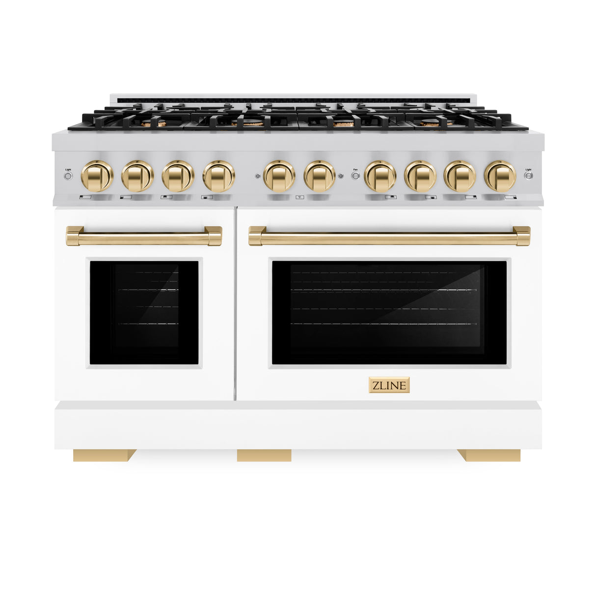ZLINE Autograph Edition 48 in. 6.7 cu. ft. Select Double Oven Dual Fuel Range with 8 Burner Gas Cooktop in Satin Stainless Steel with White Matte Doors and Polished Gold Accents (HDRSZ-WM-48-G)