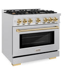 ZLINE Autograph Edition 36 in. 5.2 cu. ft. Select Gas Range with 6 Burner Cooktop and Convection Gas Oven in Satin Stainless Steel and Polished Gold Accents (HGRSZ-36-G)
