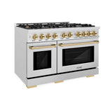 ZLINE Autograph Edition 48 in. 6.7 cu. ft. Select Double Oven Gas Range with 8 Burner Cooktop in Satin Stainless Steel and Polished Gold Accents (HGRSZ-48-G)