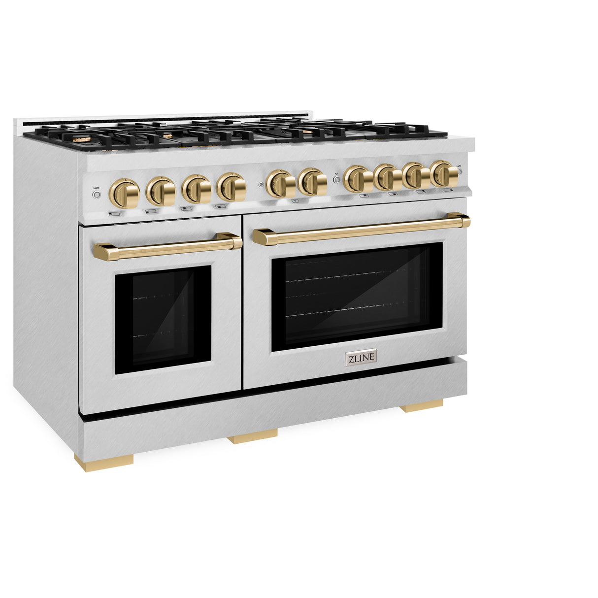 ZLINE Autograph Edition 48 in. 6.7 cu. ft. Select Double Oven Gas Range with 8 Burner Cooktop in Satin Stainless Steel and Polished Gold Accents (HGRSZ-48-G)