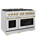 ZLINE Autograph Edition 48 in. 6.7 cu. ft. Select Double Oven Gas Range with 8 Burner Cooktop in Satin Stainless Steel and Polished Gold Accents (HGRSZ-48-G)
