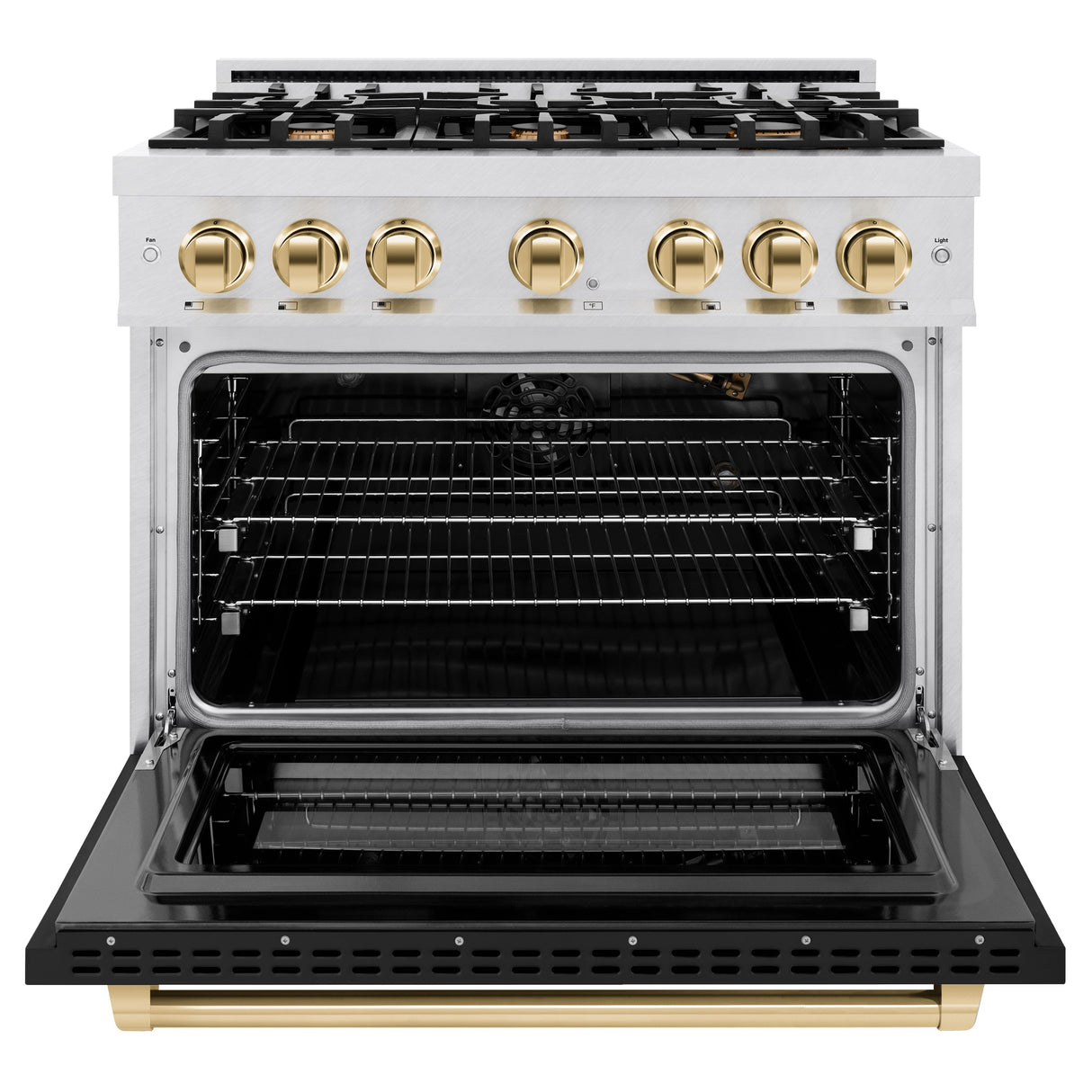 ZLINE Autograph Edition 36 in. 5.2 cu. ft. Select Gas Range with 6 Burner Cooktop and Convection Gas Oven in Satin Stainless Steel with Black Matte Door and Polished Gold Accents (HGRSZ-BLM-36-G)