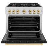 ZLINE Autograph Edition 36 in. 5.2 cu. ft. Select Gas Range with 6 Burner Cooktop and Convection Gas Oven in Satin Stainless Steel with Black Matte Door and Polished Gold Accents (HGRSZ-BLM-36-G)