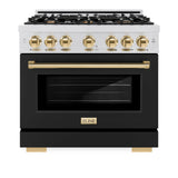 ZLINE Autograph Edition 36 in. 5.2 cu. ft. Select Gas Range with 6 Burner Cooktop and Convection Gas Oven in Satin Stainless Steel with Black Matte Door and Polished Gold Accents (HGRSZ-BLM-36-G)