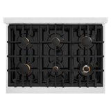 ZLINE Autograph Edition 36 in. 5.2 cu. ft. Select Gas Range with 6 Burner Cooktop and Convection Gas Oven in Satin Stainless Steel with Black Matte Door and Polished Gold Accents (HGRSZ-BLM-36-G)