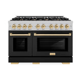 ZLINE Autograph Edition 48 in. 6.7 cu. ft. Select Double Oven Gas Range with 8 Burner Cooktop in Satin Stainless Steel with Black Matte Doors and Polished Gold Accents (HGRSZ-BLM-48-G)