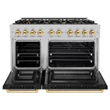 ZLINE Autograph Edition 48 in. 6.7 cu. ft. Select Double Oven Gas Range with 8 Burner Cooktop in Satin Stainless Steel with Black Matte Doors and Polished Gold Accents (HGRSZ-BLM-48-G)