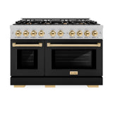 ZLINE Autograph Edition 48 in. 6.7 cu. ft. Select Double Oven Gas Range with 8 Burner Cooktop in Satin Stainless Steel with Black Matte Doors and Polished Gold Accents (HGRSZ-BLM-48-G)
