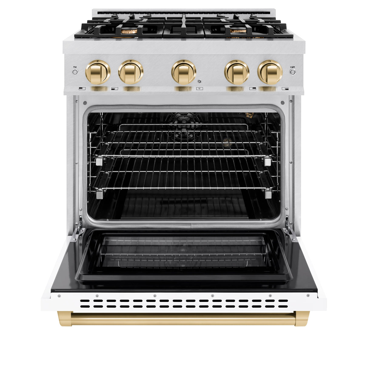 ZLINE Autograph Edition 30 in. 4.2 cu. ft. Select Gas Range with 4 Burner Cooktop and Convection Gas Oven in Satin Stainless Steel with White Matte Door and Polished Gold Accents (HGRSZ-WM-30-G)
