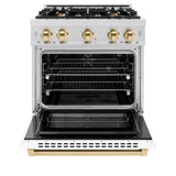 ZLINE Autograph Edition 30 in. 4.2 cu. ft. Select Gas Range with 4 Burner Cooktop and Convection Gas Oven in Satin Stainless Steel with White Matte Door and Polished Gold Accents (HGRSZ-WM-30-G)