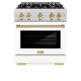 ZLINE Autograph Edition 30 in. 4.2 cu. ft. Select Gas Range with 4 Burner Cooktop and Convection Gas Oven in Satin Stainless Steel with White Matte Door and Polished Gold Accents (HGRSZ-WM-30-G)