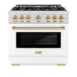 ZLINE Autograph Edition 36 in. 5.2 cu. ft. Select Gas Range with 6 Burner Cooktop and Convection Gas Oven in Satin Stainless Steel with White Matte Door and Polished Gold Accents (HGRSZ-WM-36-G)