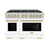 ZLINE Autograph Edition 48 in. 6.7 cu. ft. Select Double Oven Gas Range with 8 Burner Cooktop in Satin Stainless Steel with White Matte Doors and Polished Gold Accents (HGRSZ-WM-48-G)