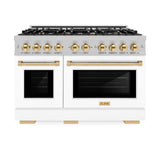 ZLINE Autograph Edition 48 in. 6.7 cu. ft. Select Double Oven Gas Range with 8 Burner Cooktop in Satin Stainless Steel with White Matte Doors and Polished Gold Accents (HGRSZ-WM-48-G)