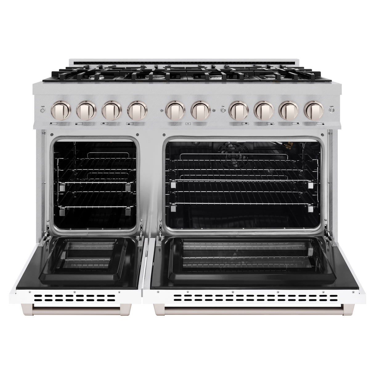 ZLINE 48 in. 6.7 cu. ft. Select Double Oven Gas Range with 8 Burner Cooktop in Satin Stainless Steel with White Matte Doors (HGRS-WM-48)