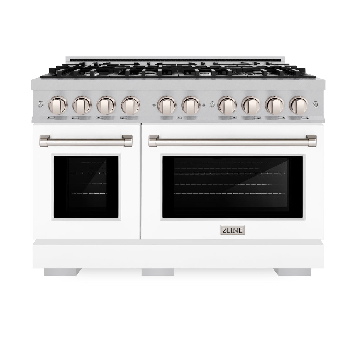 ZLINE 48 in. 6.7 cu. ft. Select Double Oven Gas Range with 8 Burner Cooktop in Satin Stainless Steel with White Matte Doors (HGRS-WM-48)