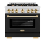 ZLINE Autograph Edition 36 in. 5.2 cu. ft. Select Gas Range with 6 Burner Cooktop and Convection Gas Oven in Stainless Steel with Black Matte Door and Polished Gold Accents (HGRZ-BLM-36-G)
