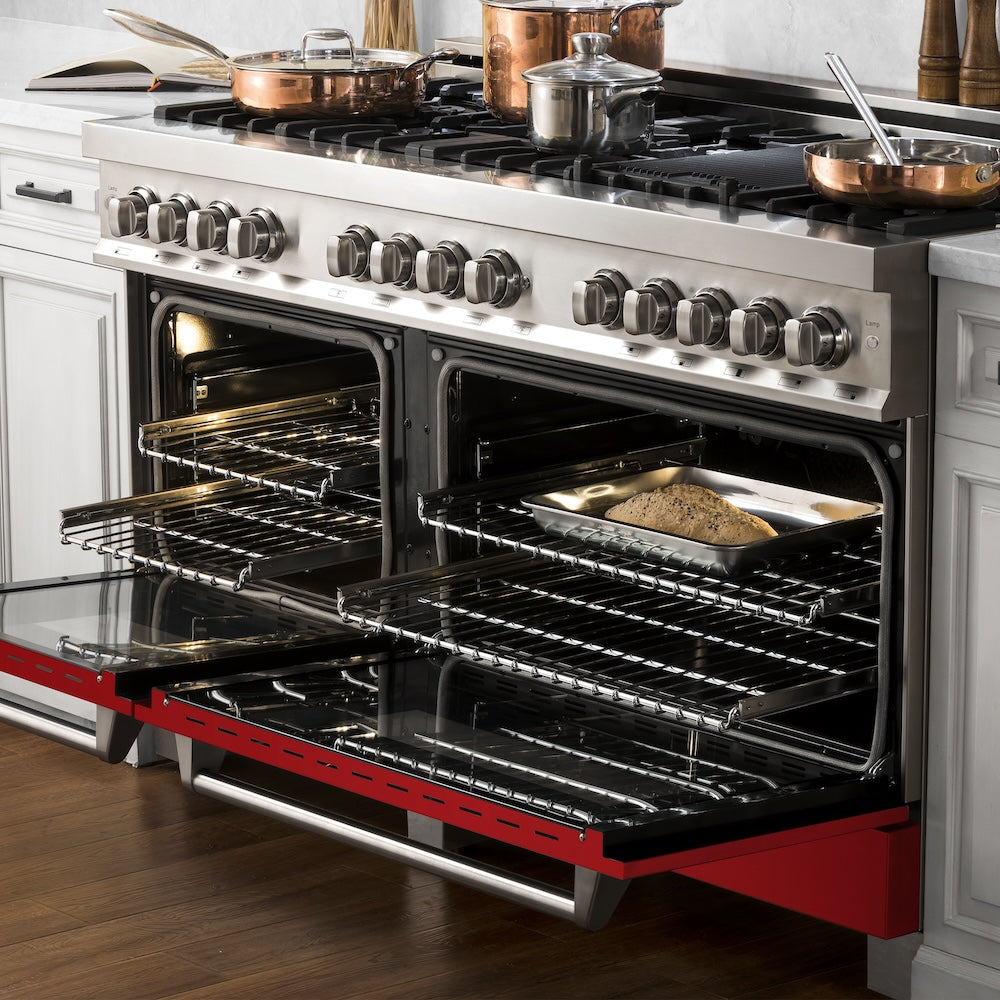 ZLINE 60 in. 7.4 cu. ft. Legacy Dual Fuel Range with 9 Burner Gas Cooktop and 2 Electric Convection Ovens in Stainless Steel and Red Gloss Doors (RA-RG-60)