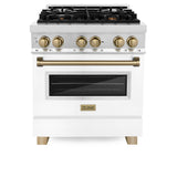 ZLINE Autograph Edition 30 in. 4.0 cu. ft. Legacy Dual Fuel Range with 4 Burner Gas Cooktop and Electric Convection Oven in Stainless Steel with White Matte Door and Champagne Bronze Accents (RAZ-WM-30-CB)