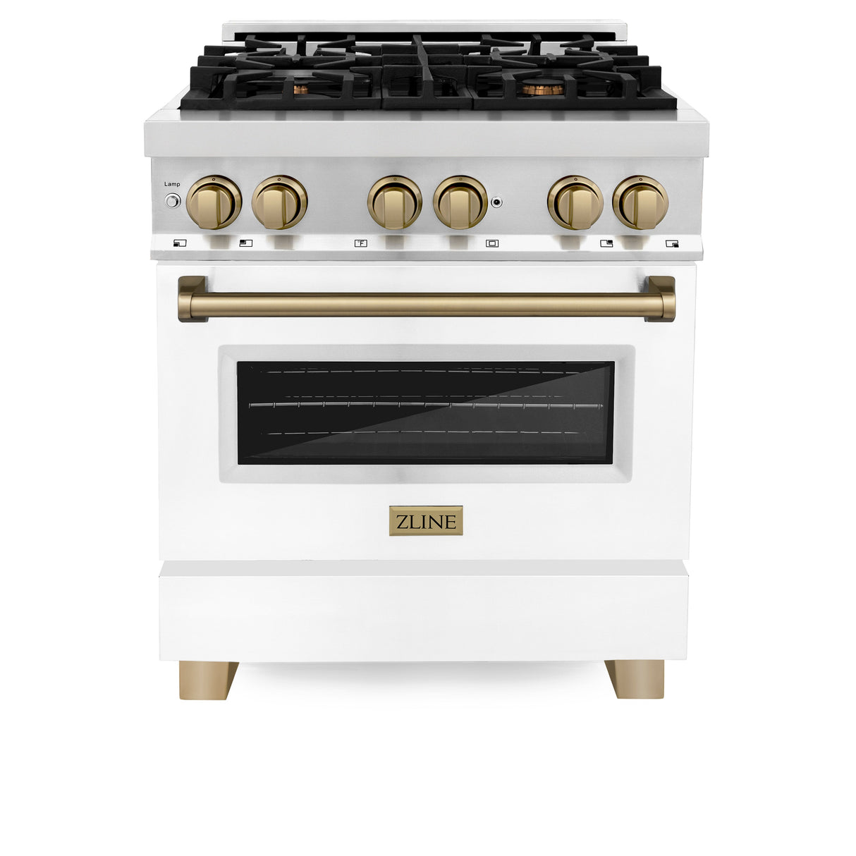 ZLINE Autograph Edition 30 in. 4.0 cu. ft. Legacy Dual Fuel Range with 4 Burner Gas Cooktop and Electric Convection Oven in Stainless Steel with White Matte Door and Champagne Bronze Accents (RAZ-WM-30-CB)