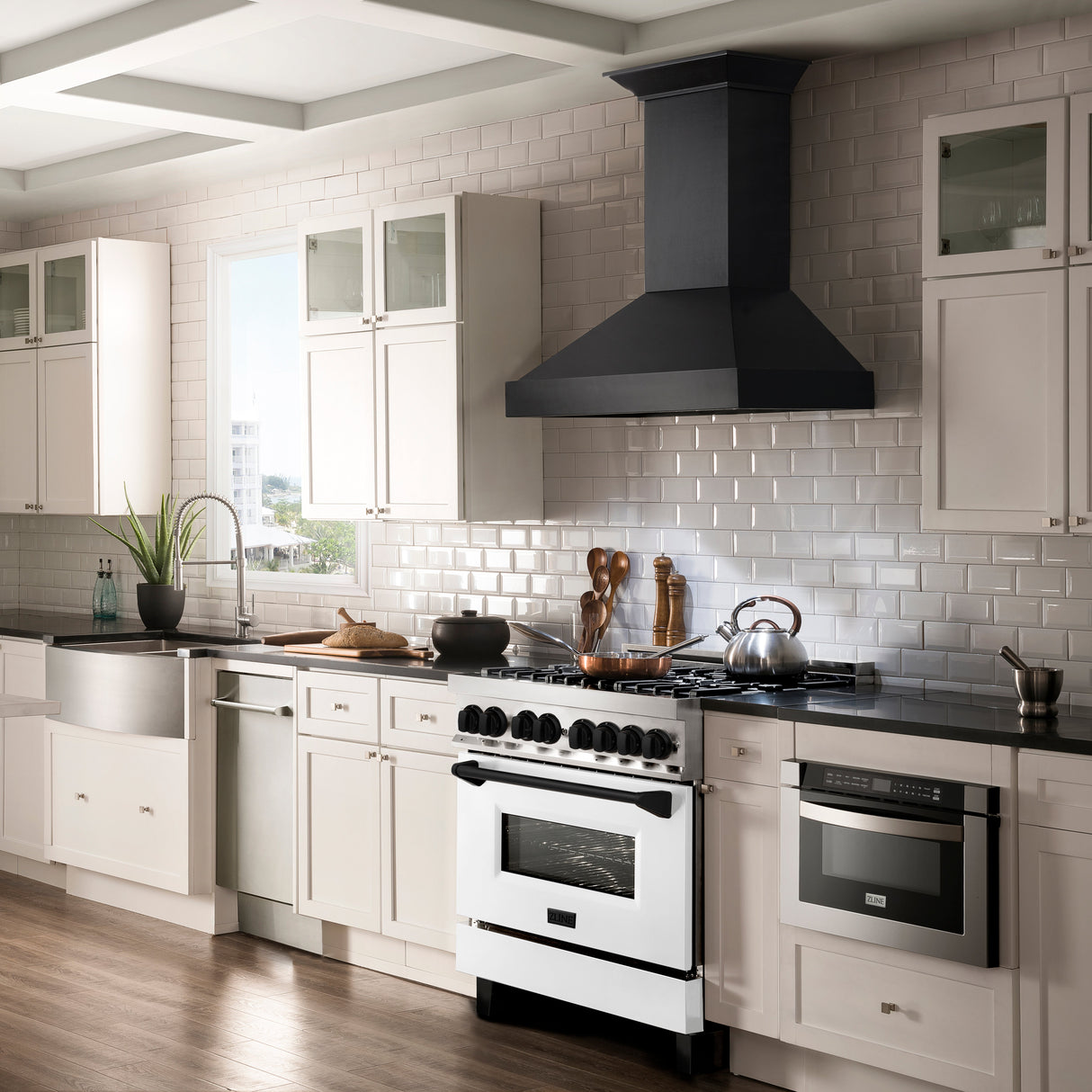 ZLINE Autograph Edition 36 in. 4.6 cu. ft. Legacy Dual Fuel Range with 6 Burner Gas Cooktop and Electric Convection Oven in Stainless Steel with White Matte Door and Matte Black Accents (RAZ-WM-36-MB)