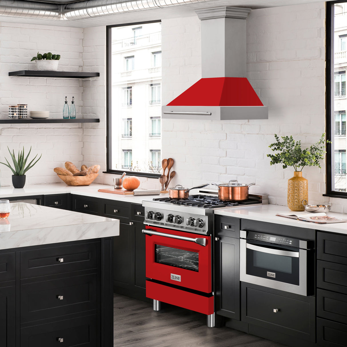 ZLINE 30" Stainless Steel Range Hood with Red Matte Shell and Stainless Steel Handle (8654STX-RM-30)