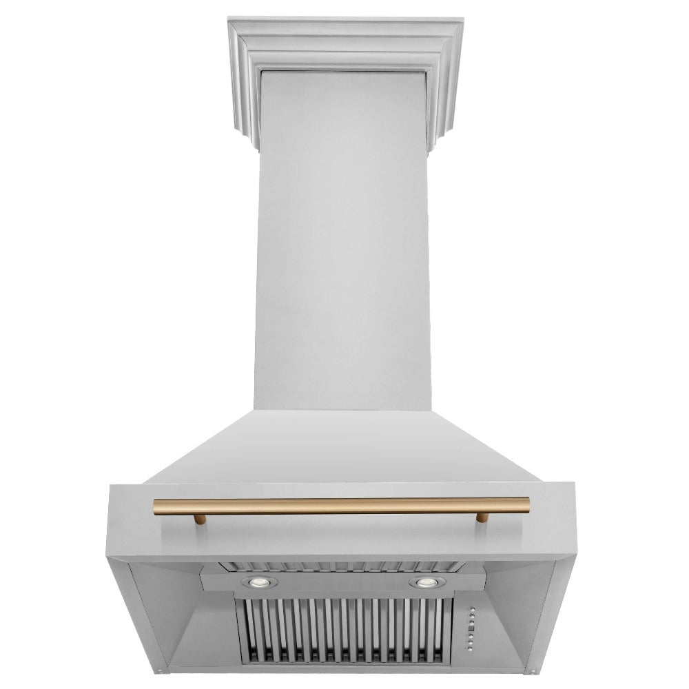 ZLINE Autograph Edition 30 in. Kitchen Package with Stainless Steel Dual Fuel Range, Range Hood, Dishwasher, and Refrigerator with External Water Dispenser with Champagne Bronze Accents (4AKPR-RARHDWM30-CB)