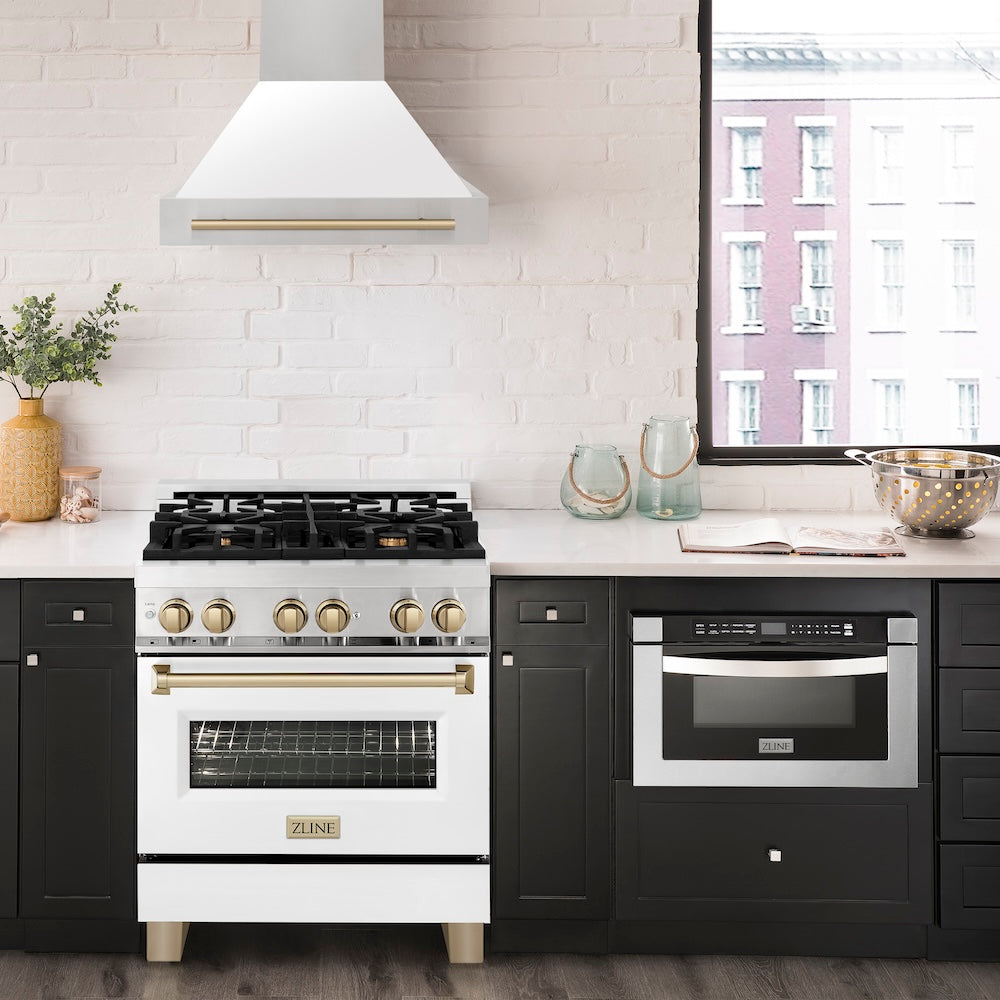 ZLINE Autograph Edition 30" Stainless Steel Range Hood with White Matte Shell and Champagne Bronze Handle (8654STZ-WM30-CB)