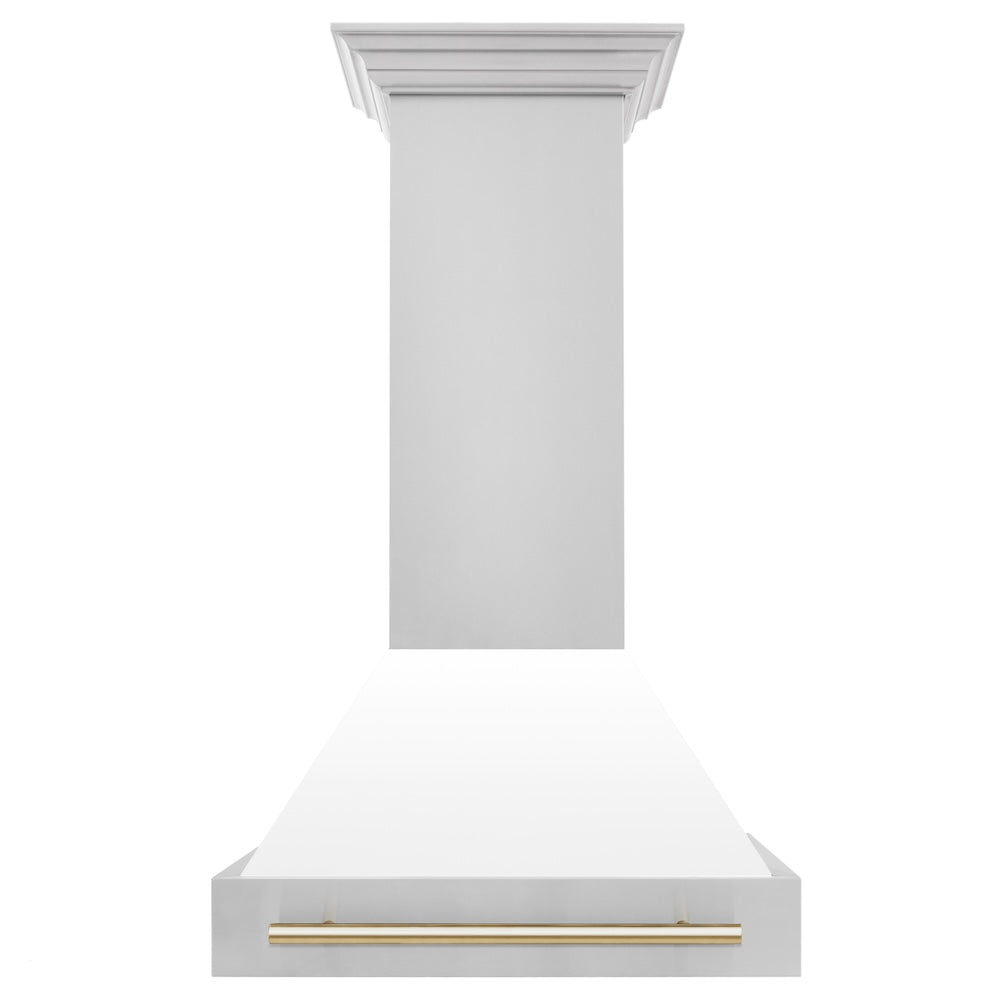 ZLINE Autograph Edition 30" Stainless Steel Range Hood with White Matte Shell and Polished Gold Handle (8654STZ-WM30-G)