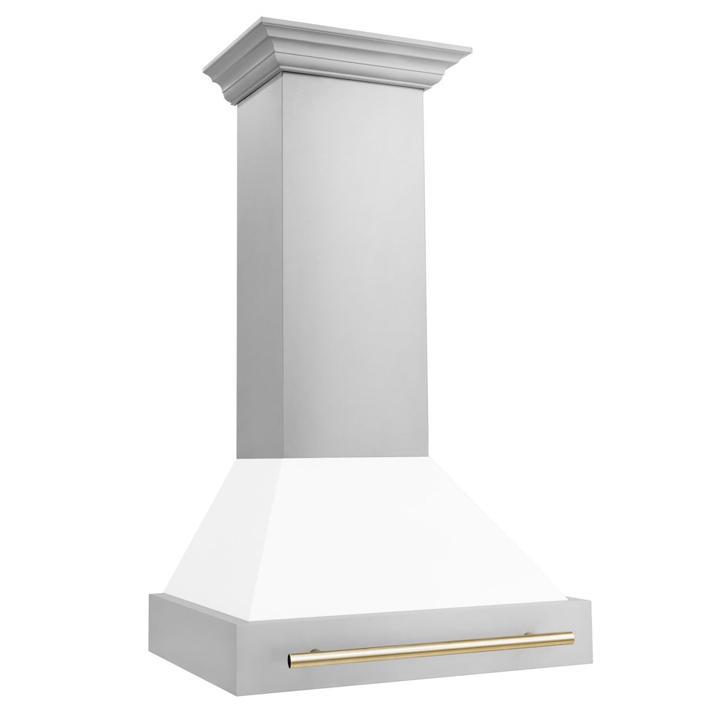 ZLINE Autograph Edition 30" Stainless Steel Range Hood with White Matte Shell and Polished Gold Handle (8654STZ-WM30-G)