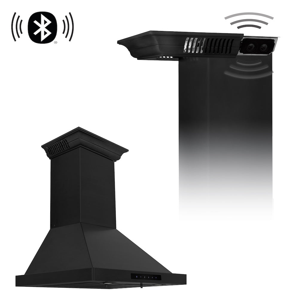 30" ZLINE CrownSound™Ducted Vent Wall Mount Range Hood in Black Stainless Steel with Built-in Bluetooth Speakers (BSKBNCRN-BT-30)
