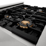 ZLINE 30 in. 4.0 cu. ft. Legacy Dual Fuel Range with Gas Cooktop and Electric Convection Oven in Satin Stainless Steel with 4 Brass Burners and Griddle (RAS-SN-BR-GR-30)