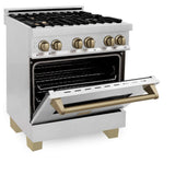 ZLINE Autograph Edition 30 in. Kitchen Package with Stainless Steel Dual Fuel Range, Range Hood, Dishwasher, and Refrigerator with External Water Dispenser with Champagne Bronze Accents (4AKPR-RARHDWM30-CB)