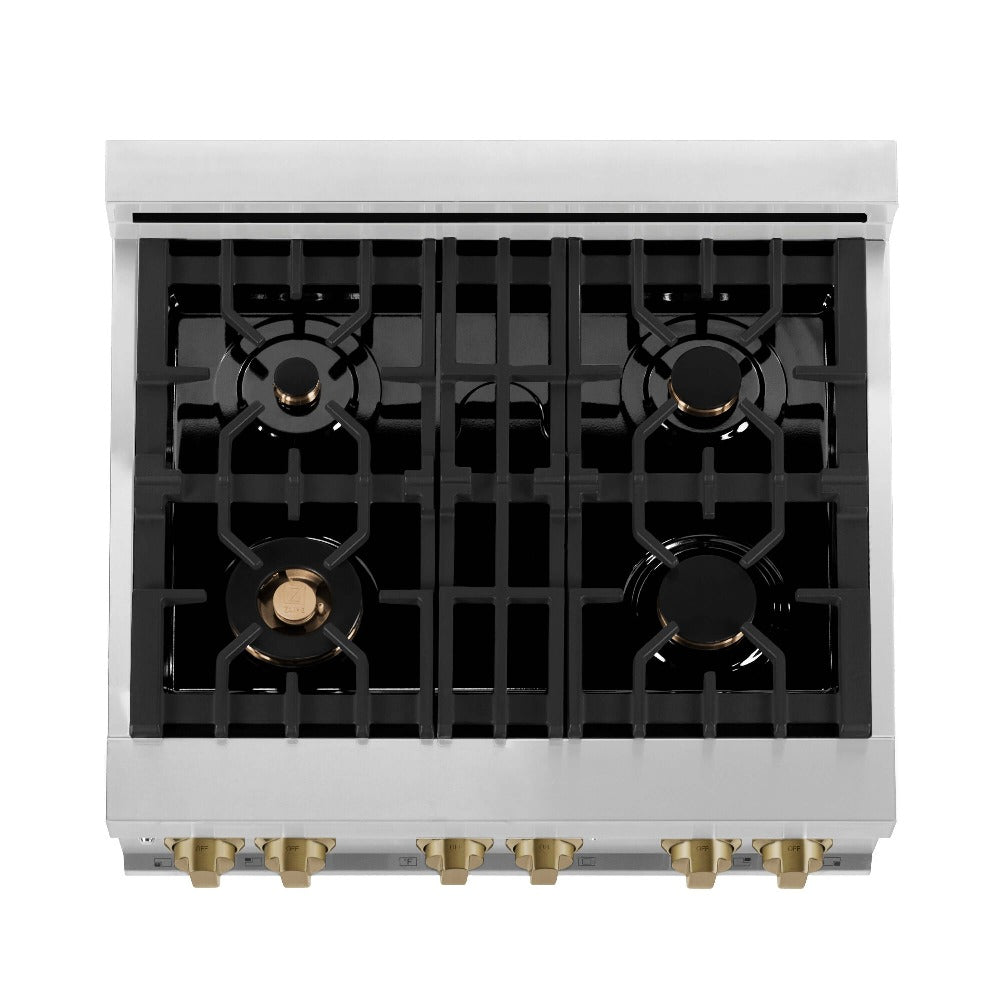 ZLINE Autograph Edition 30 in. Kitchen Package with Stainless Steel Dual Fuel Range, Range Hood, Dishwasher, and Refrigerator with External Water Dispenser with Champagne Bronze Accents (4AKPR-RARHDWM30-CB)