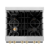 ZLINE Autograph Edition 30 in. Kitchen Package with Stainless Steel Dual Fuel Range, Range Hood, Dishwasher, and Refrigerator with External Water Dispenser with Polished Gold Accents (4AKPR-RARHDWM30-G)