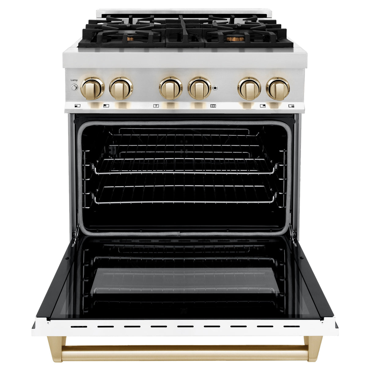 ZLINE Autograph Edition 30 in. 4.0 cu. ft. Legacy Dual Fuel Range with 4 Burner Gas Cooktop and Electric Convection Oven in Stainless Steel with White Matte Door and Polished Gold Accents (RAZ-WM-30-G)
