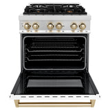 ZLINE Autograph Edition 30 in. 4.0 cu. ft. Legacy Dual Fuel Range with 4 Burner Gas Cooktop and Electric Convection Oven in Stainless Steel with White Matte Door and Polished Gold Accents (RAZ-WM-30-G)