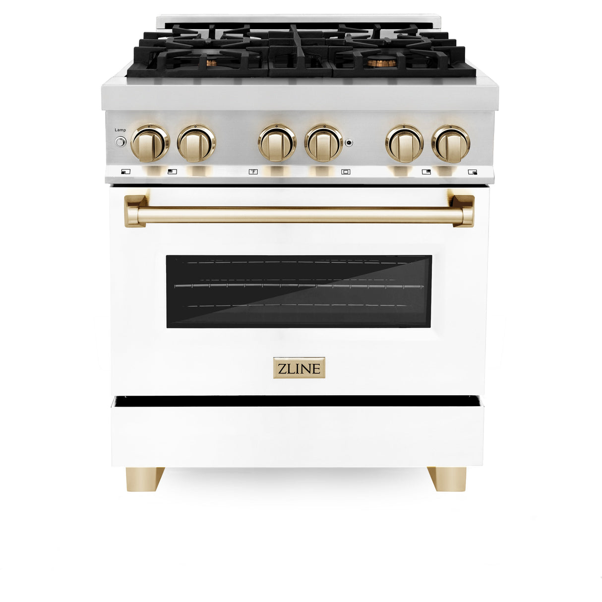 ZLINE Autograph Edition 30 in. 4.0 cu. ft. Legacy Dual Fuel Range with 4 Burner Gas Cooktop and Electric Convection Oven in Stainless Steel with White Matte Door and Polished Gold Accents (RAZ-WM-30-G)
