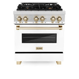 ZLINE Autograph Edition 30 in. 4.0 cu. ft. Legacy Dual Fuel Range with 4 Burner Gas Cooktop and Electric Convection Oven in Stainless Steel with White Matte Door and Polished Gold Accents (RAZ-WM-30-G)