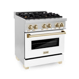 ZLINE Autograph Edition 30 in. 4.0 cu. ft. Legacy Dual Fuel Range with 4 Burner Gas Cooktop and Electric Convection Oven in Stainless Steel with White Matte Door and Polished Gold Accents (RAZ-WM-30-G)