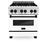 ZLINE Autograph Edition 30 in. 4.0 cu. ft. Legacy Dual Fuel Range with 4 Burner Gas Cooktop and Electric Convection Oven in Stainless Steel with White Matte Door and Matte Black Accents (RAZ-WM-30-MB)