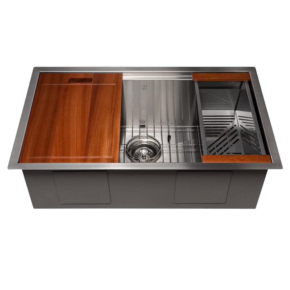 ZLINE 30 in. Garmisch Undermount Single Bowl Satin Stainless Steel Kitchen Sink with Bottom Grid and Accessories (SLS-30S)