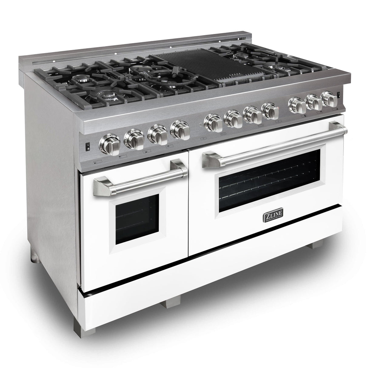 ZLINE 48 in. 6.0 cu. ft. Legacy Dual Fuel Range with 7 Burner Gas Cooktop and 2 Electric Ovens in Satin Stainless Steel with White Matte Doors and Griddle (RAS-WM-GR-48)