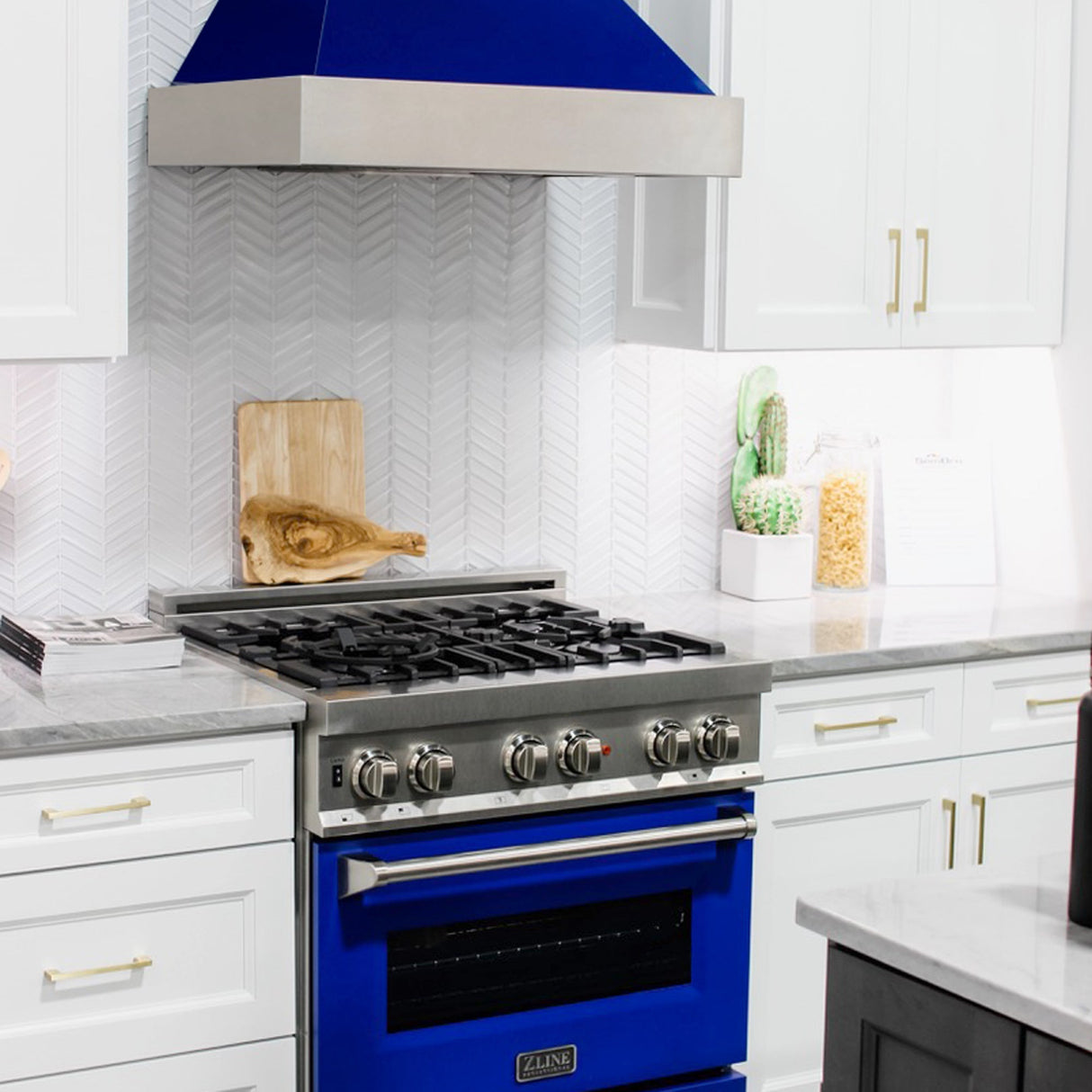 ZLINE 30 in. 4.0 cu. ft. Legacy Dual Fuel Range with 4 Burner Gas Cooktop and Electric Convection Oven in Satin Stainless Steel and Blue Gloss Door (RAS-BG-30)