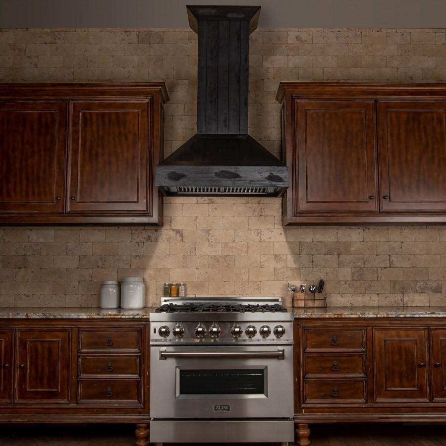 ZLINE 36 in. Shiplap Wooden Wall Mount Range Hood in Rustic Dark Finish - Includes Motor (349DD-36)