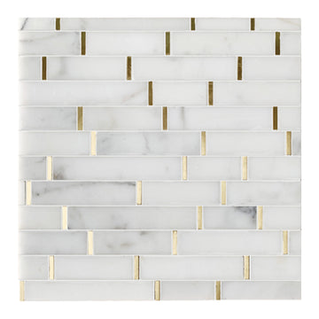 Random Length Calacutta White with Gold Accents 11" X 11" X 10 mm Waterjet Stone Mosaic