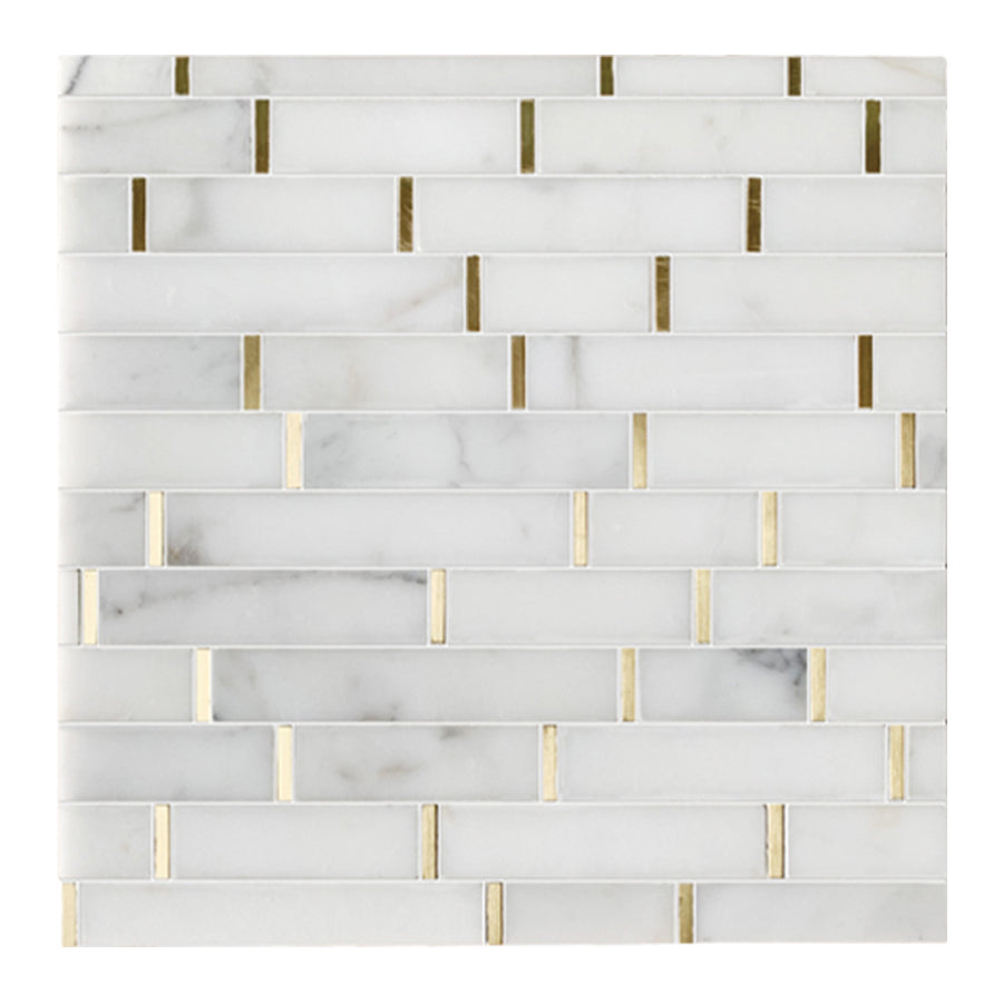 Random Length Calacutta White with Gold Accents 11" X 11" X 10 mm Waterjet Stone Mosaic