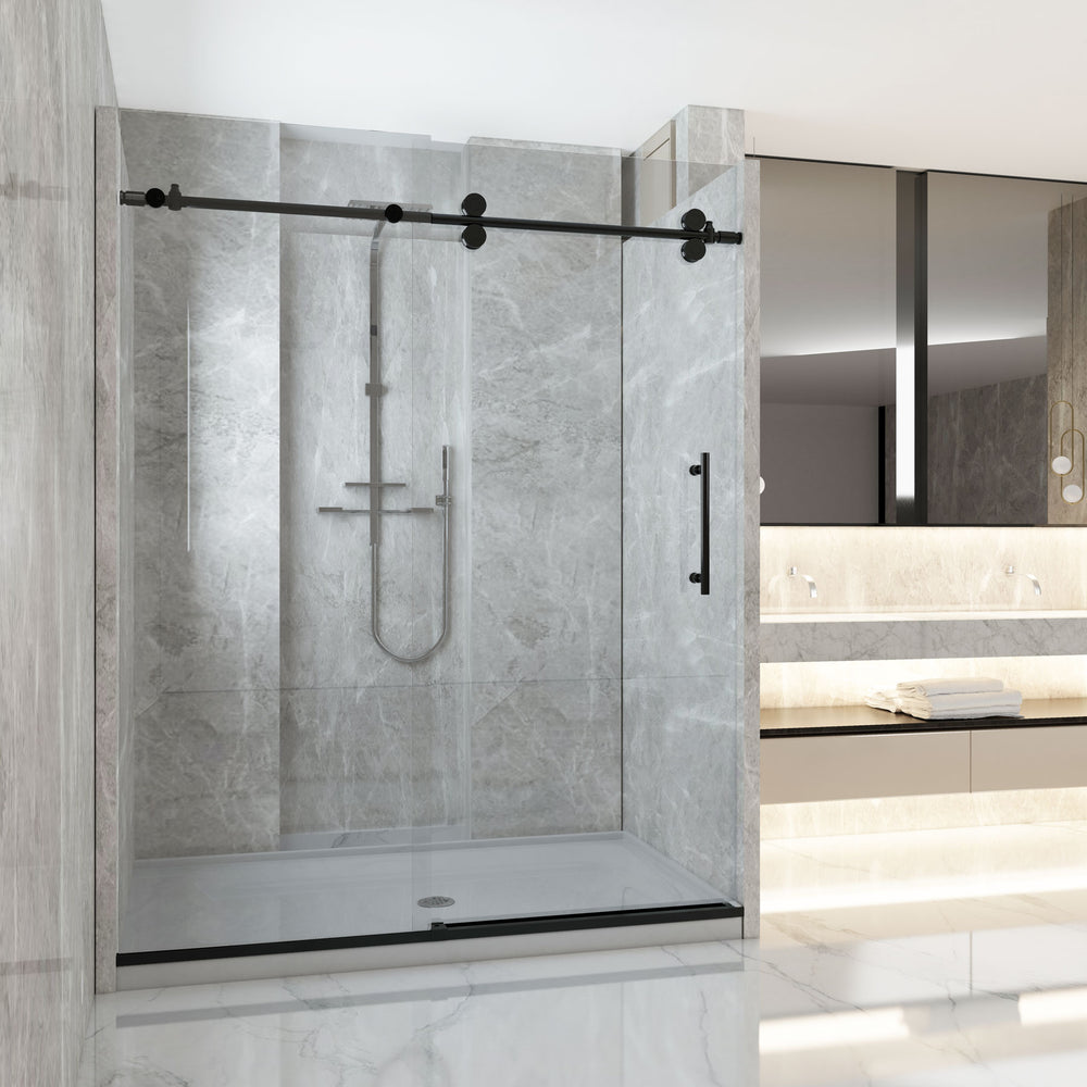 A finished BuildMyPlace bathroom with a frameless glass shower