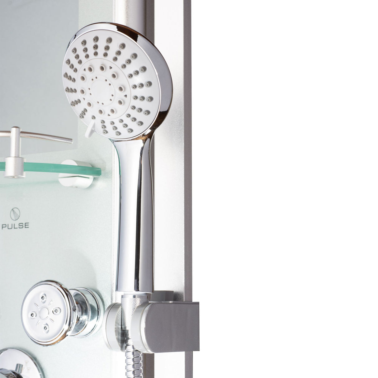 Silver Glass Shower Panel Kihei - Surface Mounted - 6 Dual-function Body Jet - 8mm Tough Glass - 5-Function Hand Shower Spa